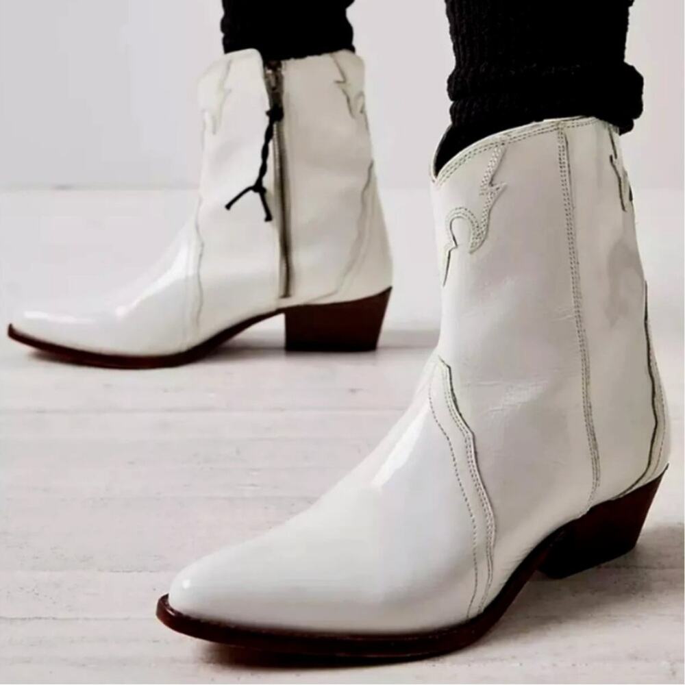 Free People | Womens White Frontier Western Booties Boho Patent Leather Snip Toe